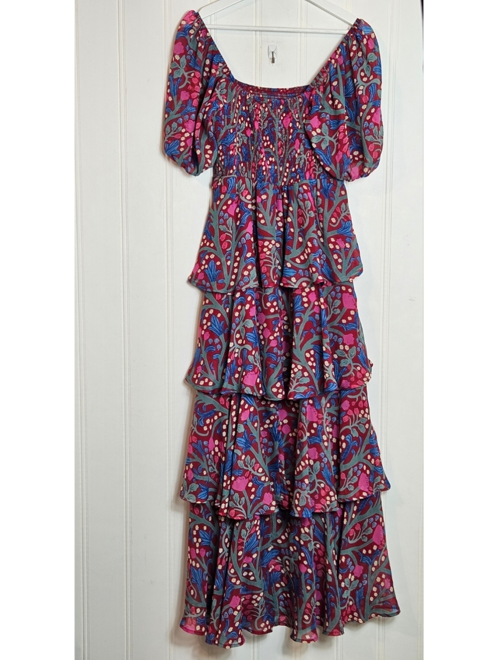 Entro Floral Tiered Maxi Dress L Puff Sleeve Smocked Cottagecore Boho - Picture 7 of 16